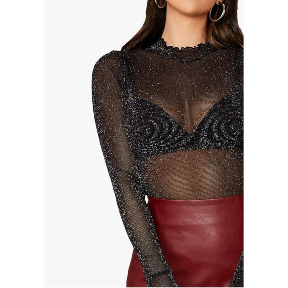 Black Shimmery Sheer Mock Neck Long Sleeve Top S | Rockstar Girlfriend Y3K Siren - Picture 4 of 16